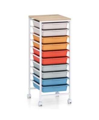 10-Drawer Rolling Storage Cart Utility Organizer with Wooden Tabletop and Lockable Wheels