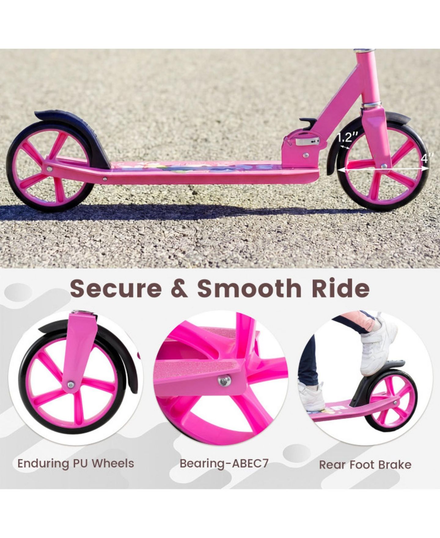 Детская игрушка SUGIFT Folding Aluminum Alloy Scooter with 3 Adjustable Heights for Kids and Adults, цвет: Розовый — фото 9