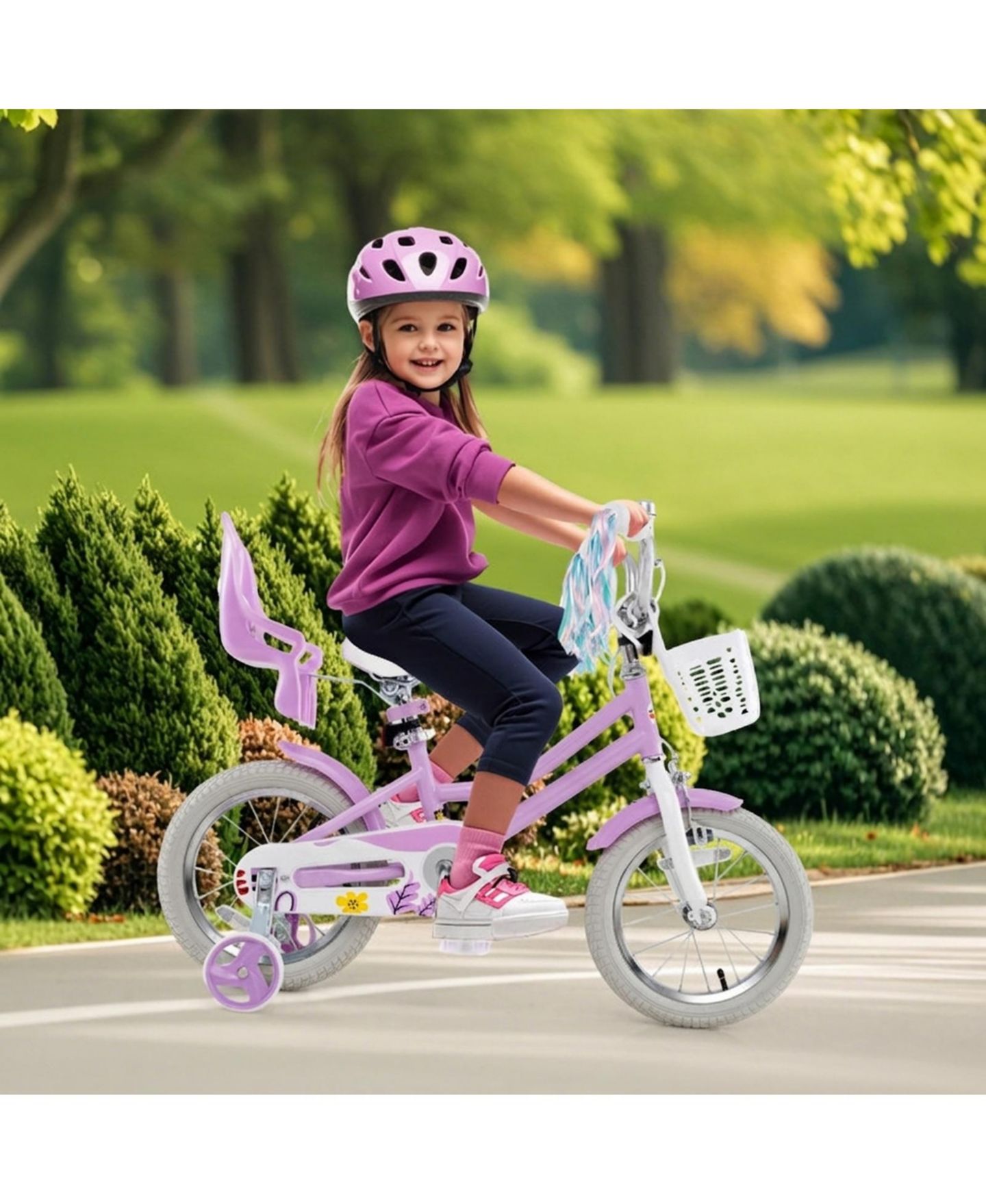 Детская игрушка HONGGE 14-Inch Girls Bike with Doll Seat, Dual Brake System & Training Wheels, Ages 3-5, цвет: Розовый красный — фото 10