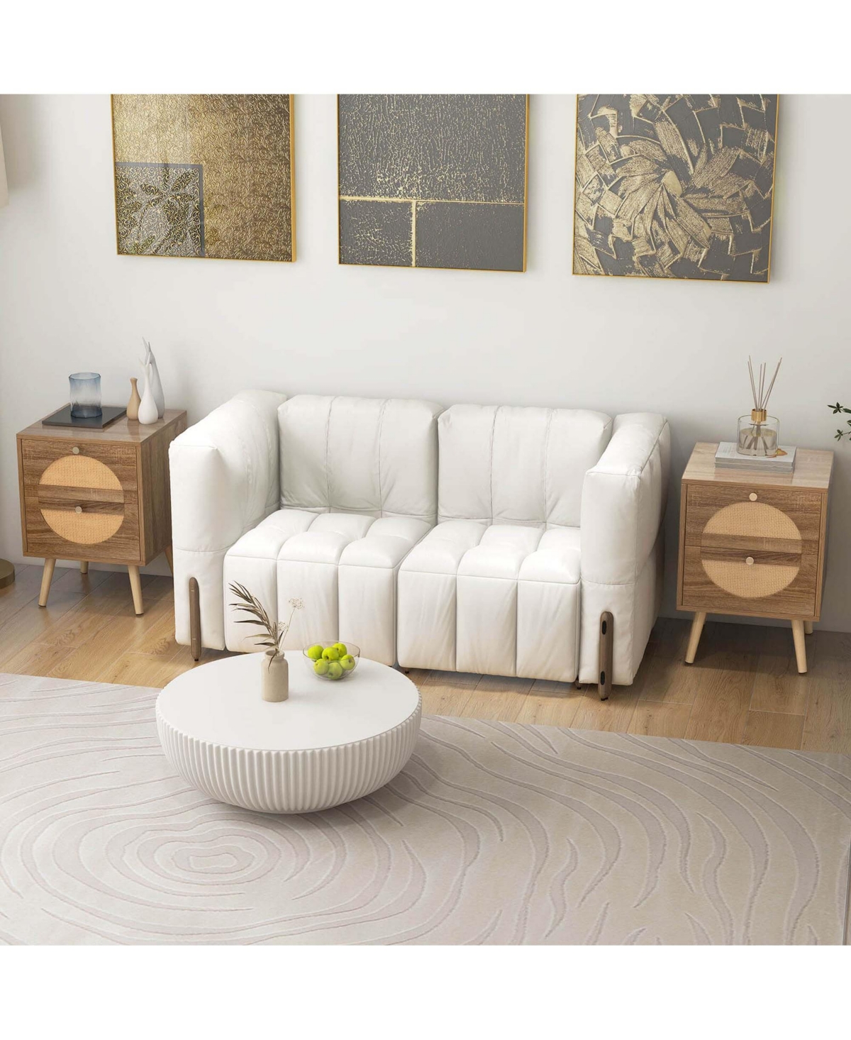 Costway 2 Pieces Rattan Nightstand with 2 Drawers Solid Wood Legs Compact Wood Coffee Table