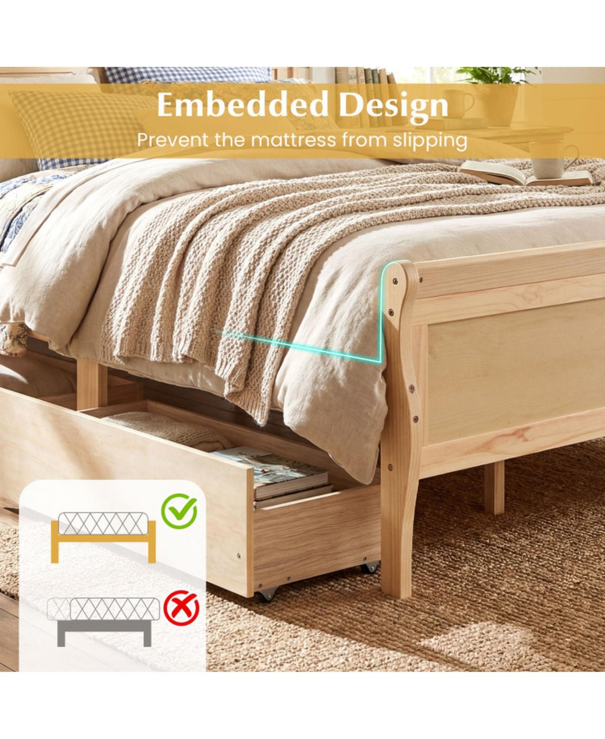 Sugift Full Size Sleigh Bed Frame with 2 Storage Drawers and Footboard for Kids Teens Adults