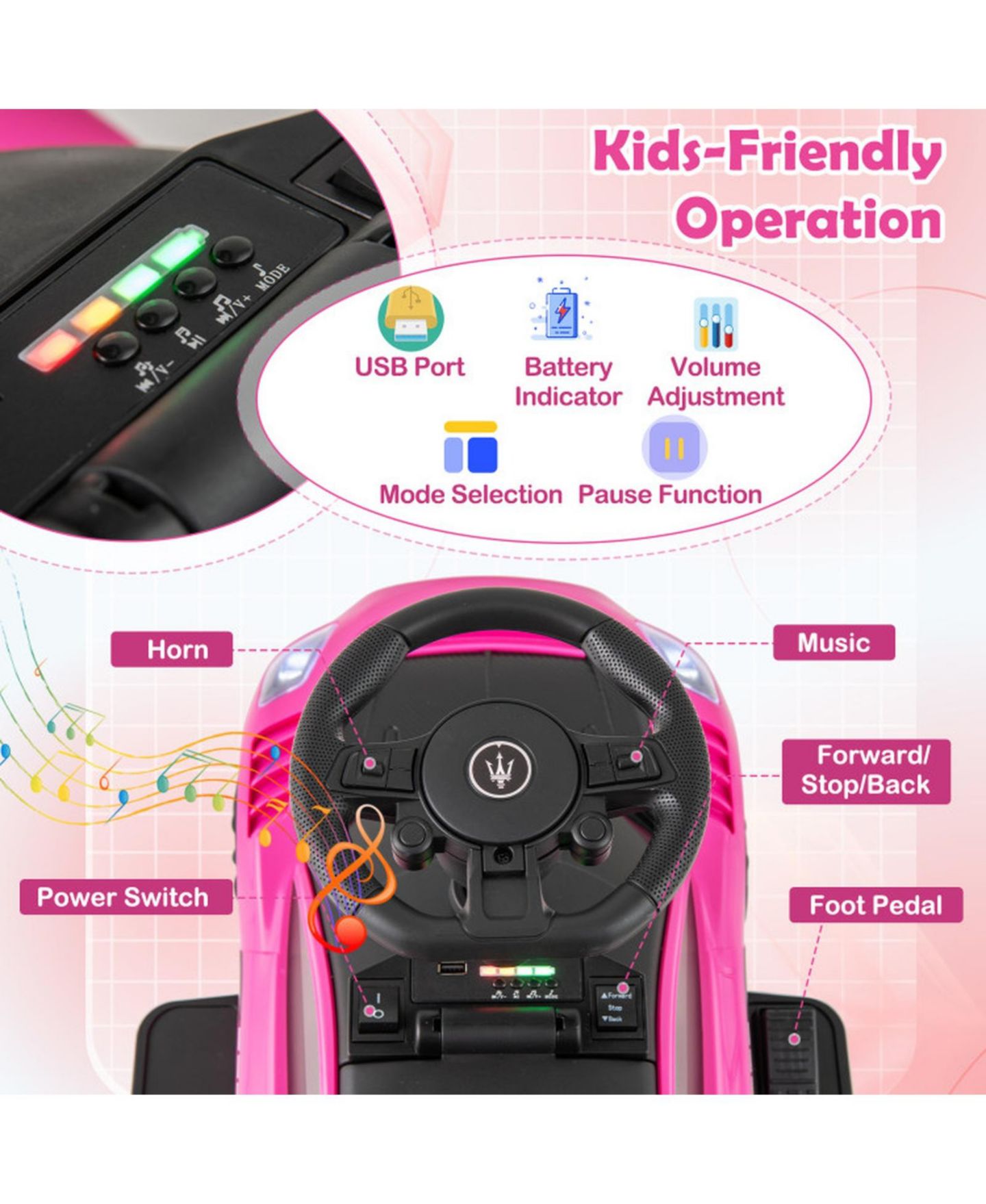 Детская игрушка HONGGE Electric Foot-Pedal Ride-On Car, 26"L x 16"W x 15"H, 55 lbs Capacity, Ages 18 Months to 5 Years, цвет: Розовый — фото 5