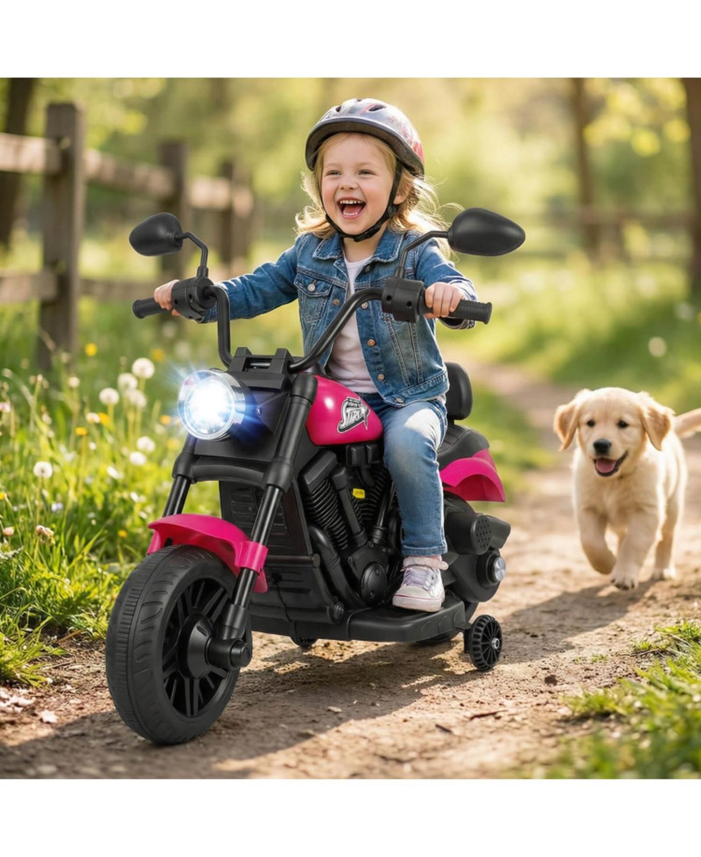 Детская игрушка HONGGE 6V Kids Electric Motorcycle with Headlight and Training Wheels, цвет: Розовый — фото 4