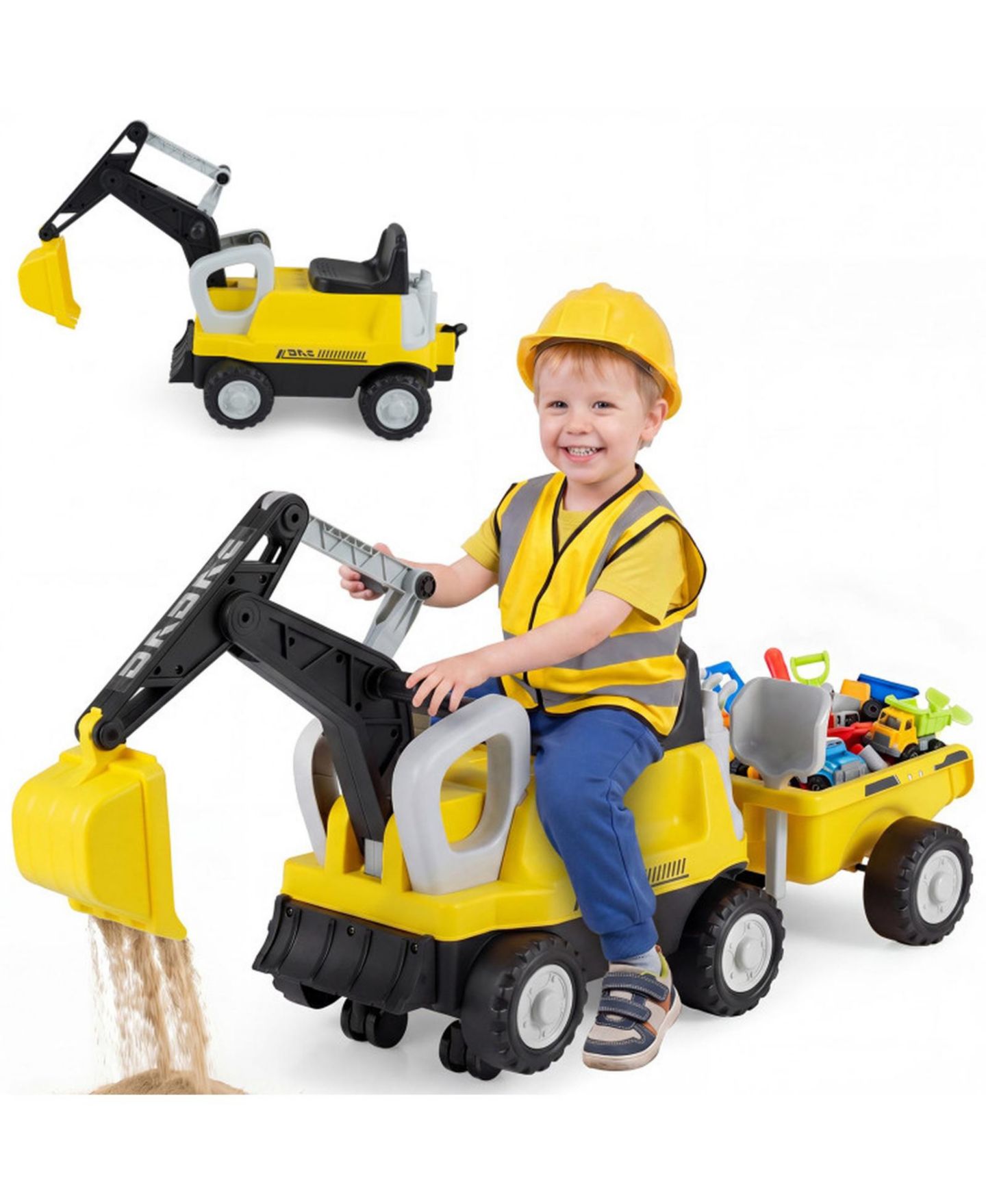 Детская игрушка HONGGE 2-In-1 Foot-to-Floor Ride-On Tractor with Digging Arm and Detachable Trailer, 50"L x 13"W x 23"H, 55 lb. Capacity, Ages 3+, цвет: Жёлтый — фото 11