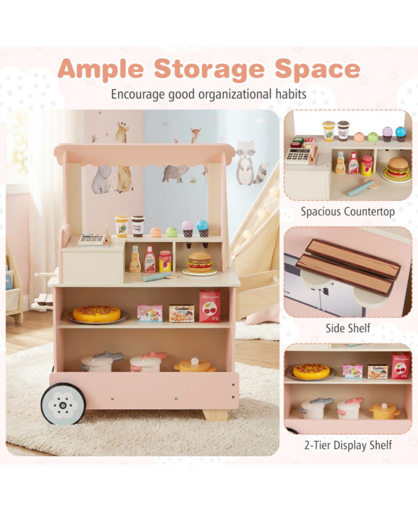 Детский игровой набор SUGIFT Pizza Food Truck Double-Sided Wooden 40-Piece Playset, Ages 3-6, цвет: Розовый — фото 6