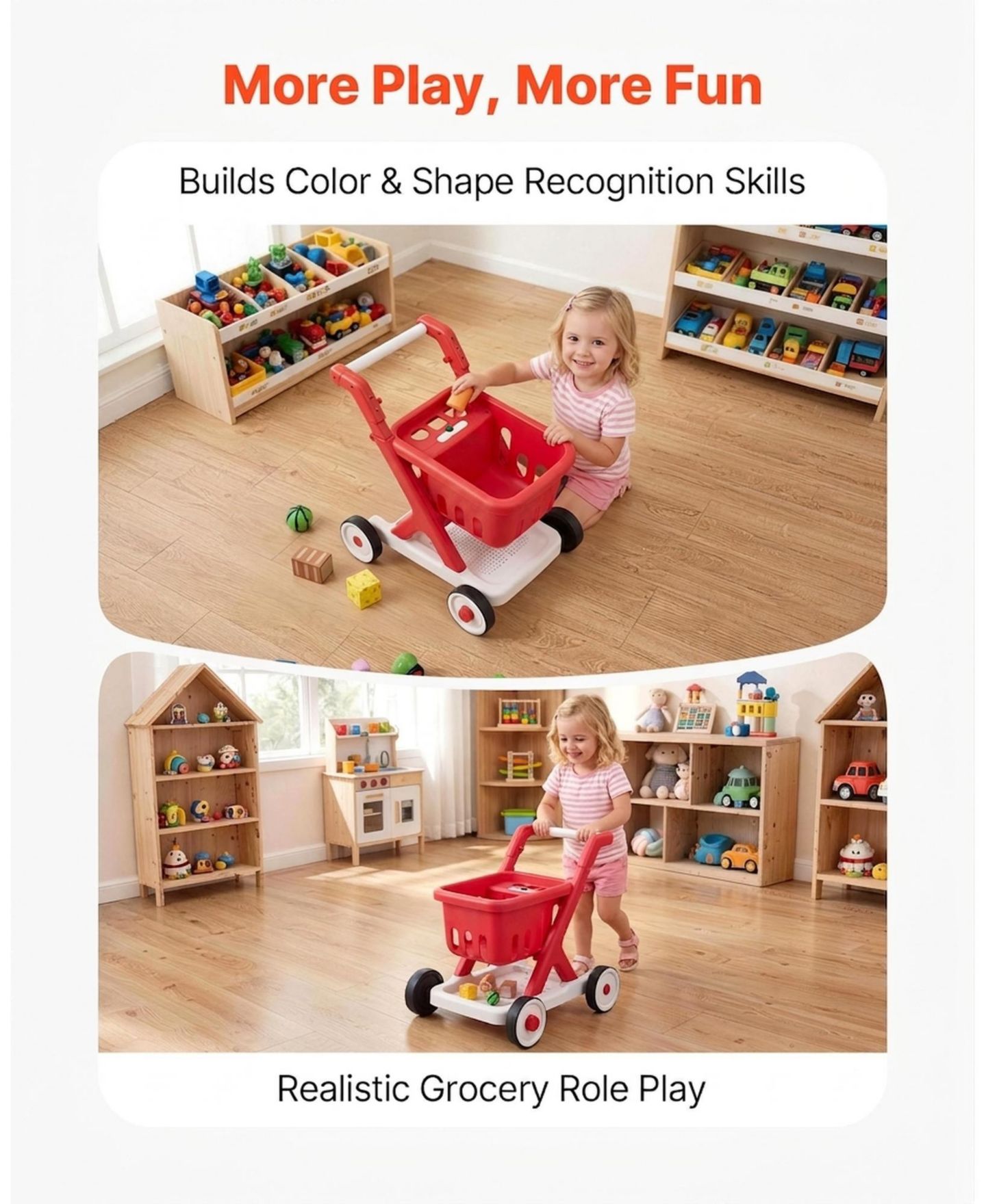 Детская игрушка HONGGE Scan and Sort Kids Shopping Cart with Pretend Food Light-Up Scanner and Adjustable Handle Ages 2 Plus, цвет: Красный — фото 11