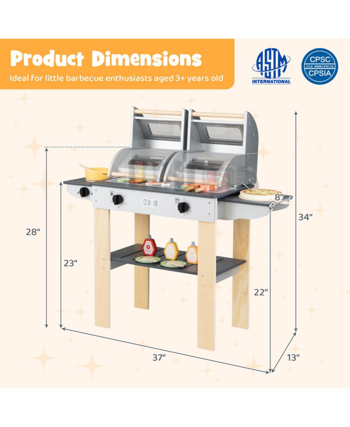 Детский игровой набор SUGIFT Wooden Barbecue Grill Playset with Grilling Tools and Play Food, Ages 3+, цвет: Серый — фото 3