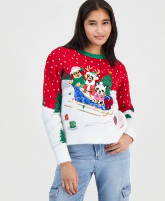 Juniors' Dog Sled Holiday Christmas Sweater