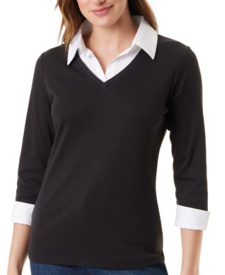 Women's Maxine Knit 3/4-Sleeve V-Neck Faux-Layer Blouse