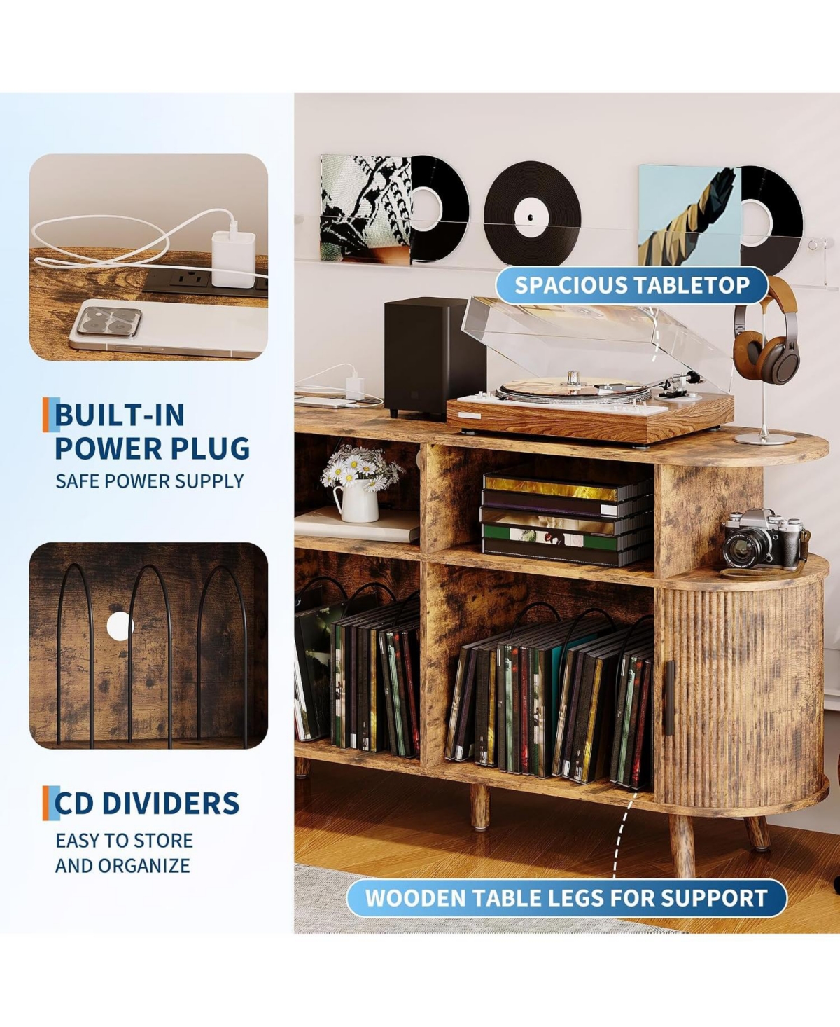 homfan Round Mid-Century Tv Stand and Media Console with Vinyl Storage and Charging Station, Open Shelves