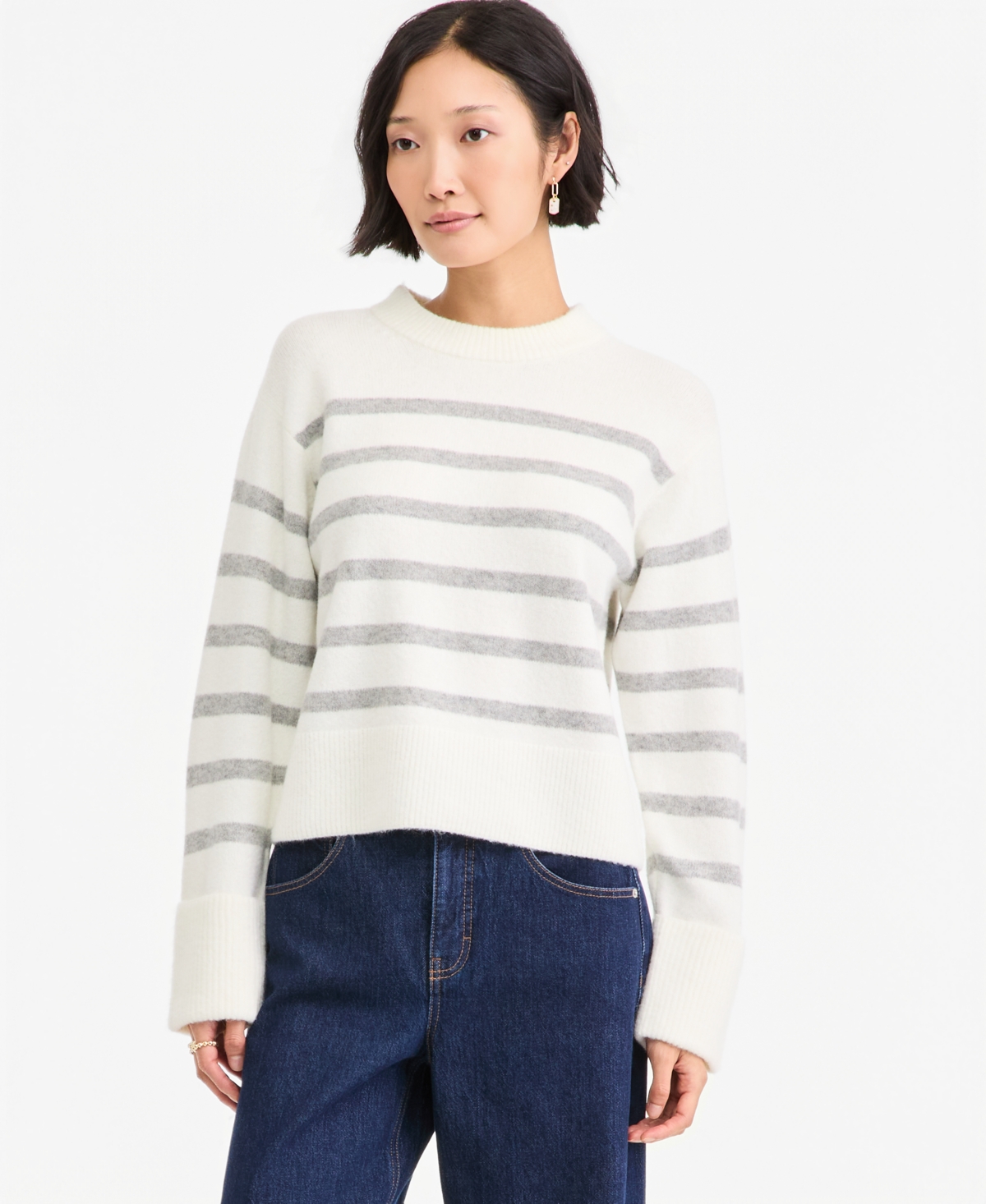 On 34th Women's Crewneck Cuff Sleeve Pullover Sweater, Macy's Exclusive In Winter Ivory Stripe
