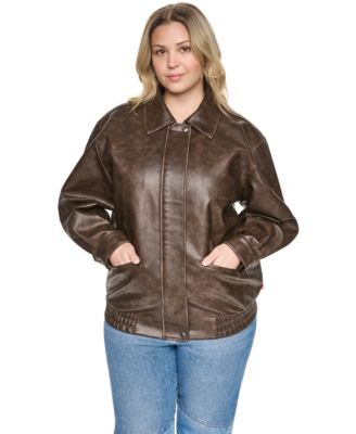 Plus Size Relaxed-Fit Faux Leather Bomber Jacket