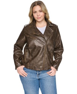 Plus Size Faux Leather Asymmetrical-Zipper Moto Jacket