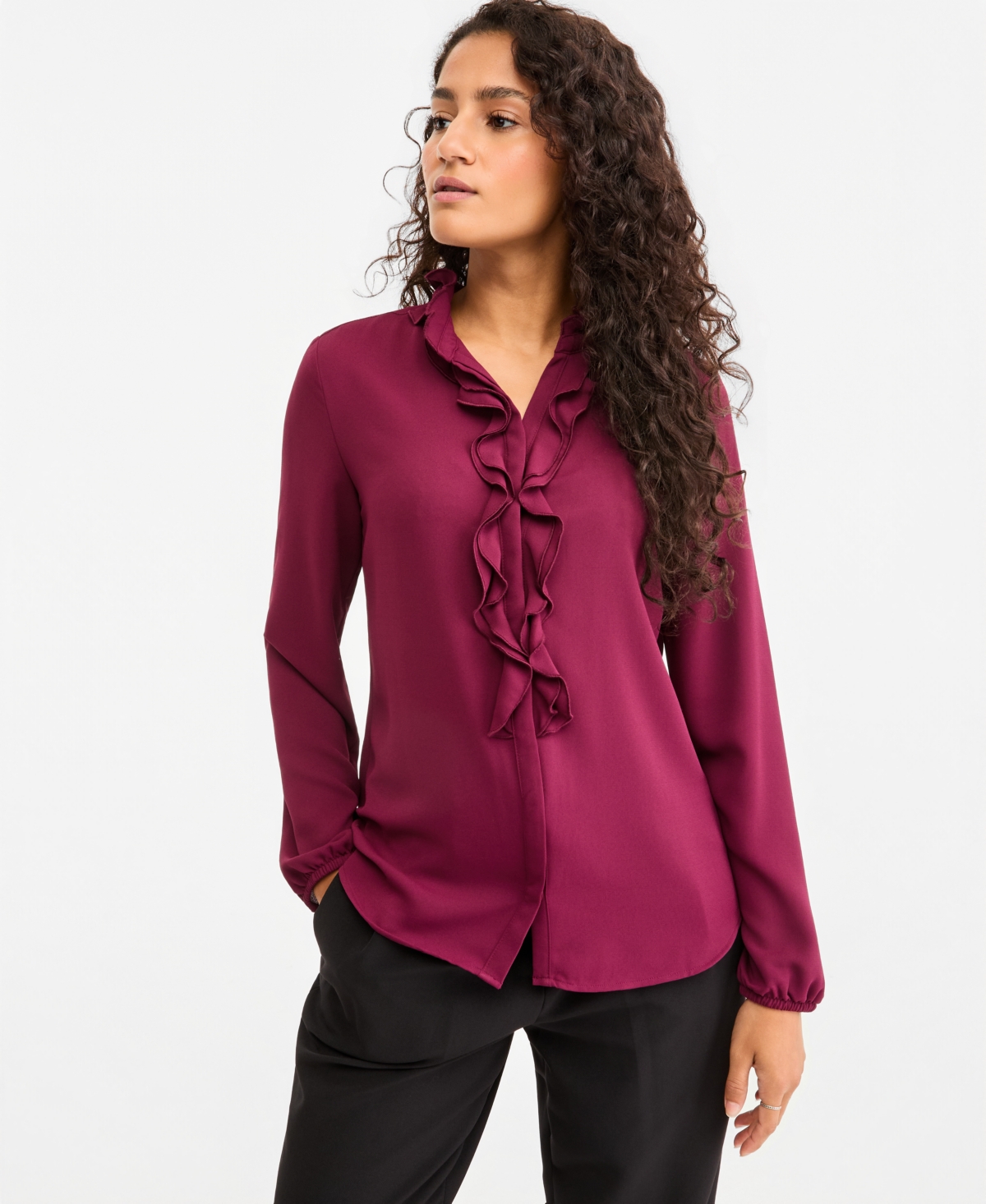 Bar Iii Women's Ruffle-front Long-sleeve V-neck Blouse, Macy's Exclusive In Pinot Noir