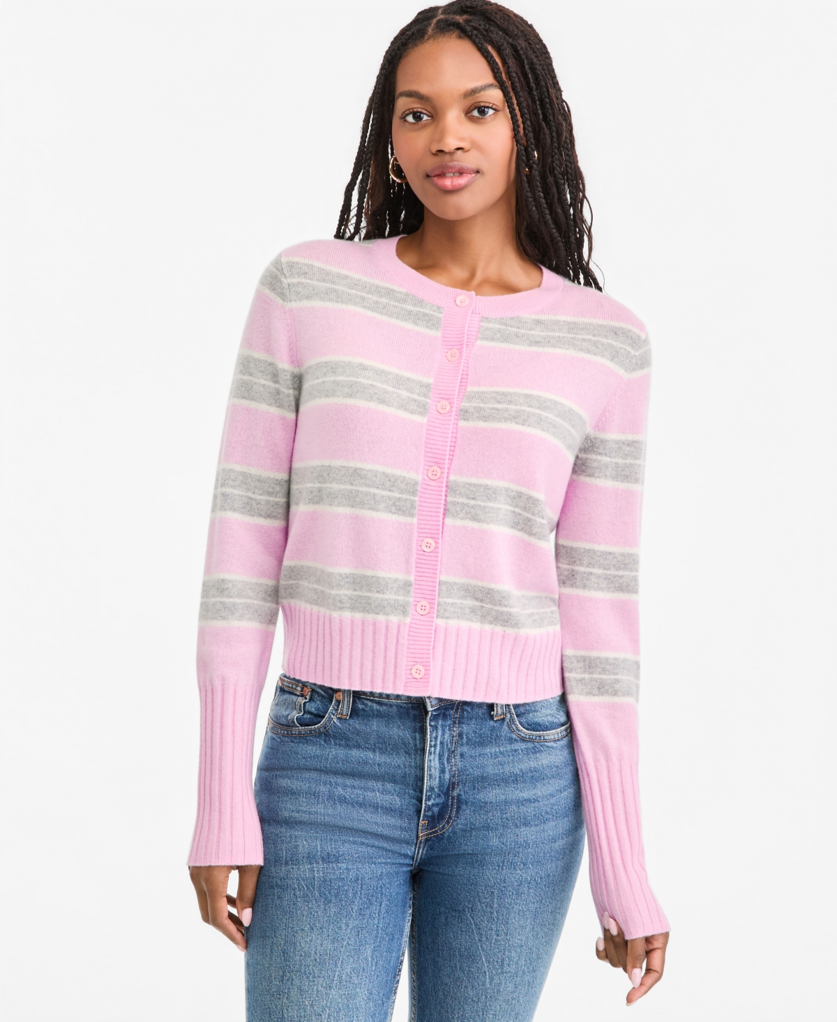 On 34th Women's Cashmere Cropped Shrunken Crew Cardigan, Macy's Exclusive In Soft Stripe Pink