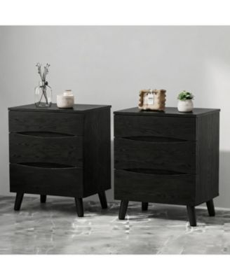 Set of 2 Black Nightstands with 3 Drawers and Wood Top, 24" Wide Bedside Tables