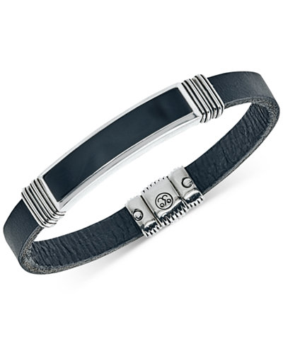 Esquire Men's Jewelry Onyx (45 x 15mm) Black Leather Bracelet in Sterling Silver, Only at Macy's