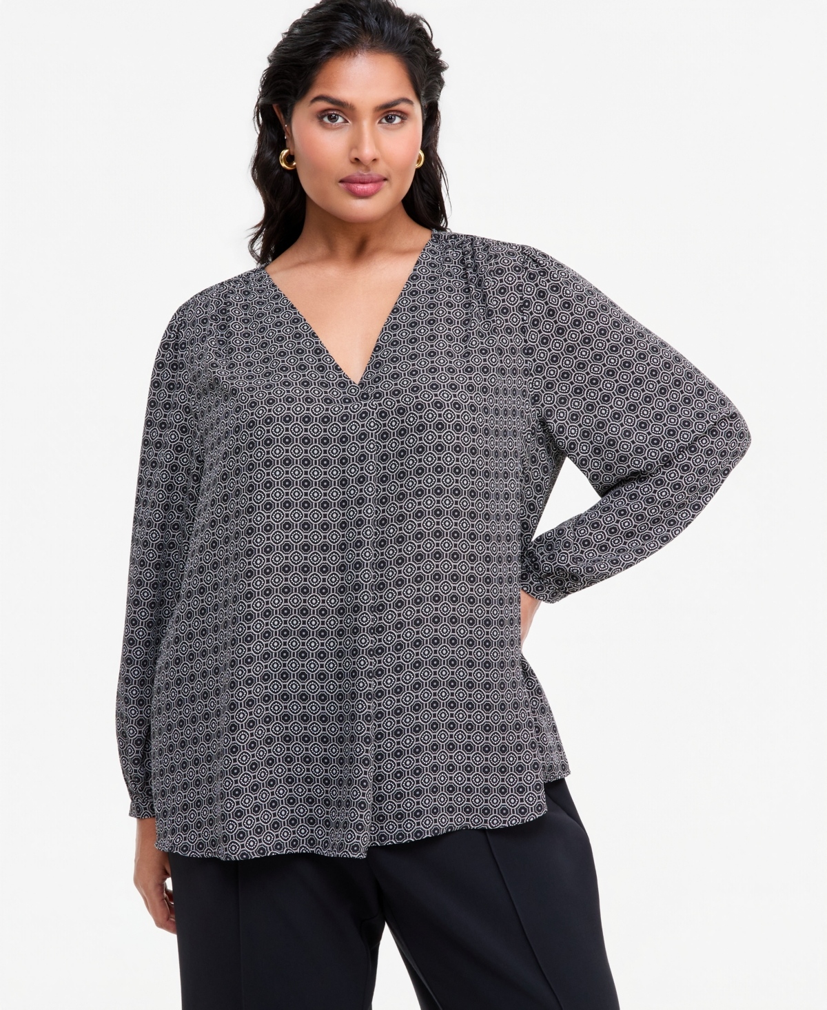 I.n.c. International Concepts Plus Long-Sleeve V-Neck Geometric Blouse, Macy's Exclusive