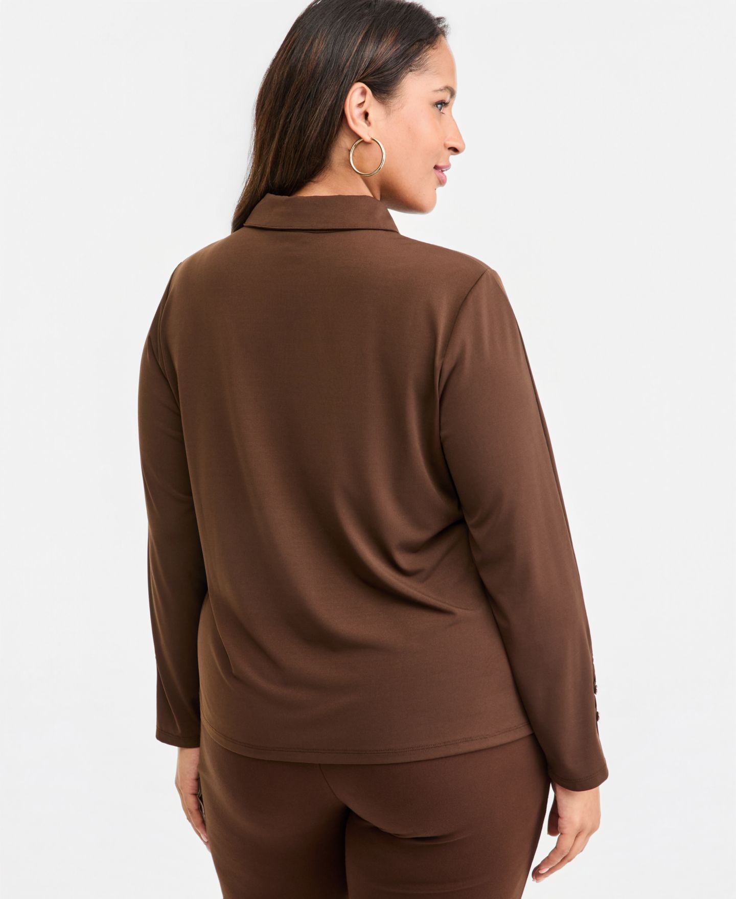 Женская блузка I.N.C. International Concepts Plus Size Long-Sleeve Collared Keyhole Hardware Blouse, цвет: Кофейный — фото 2