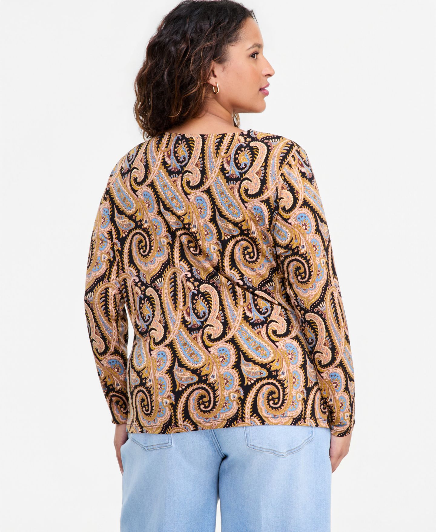 Женская блузка I.N.C. International Concepts Plus Size Ruched Asymmetrical-Neckline Long-Sleeve Blouse, цвет: Heln Paisley Geo — фото 3