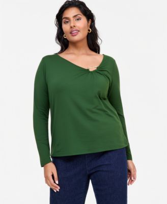 Plus Size Hardware Scoop Neck Long-Sleeve Blouse