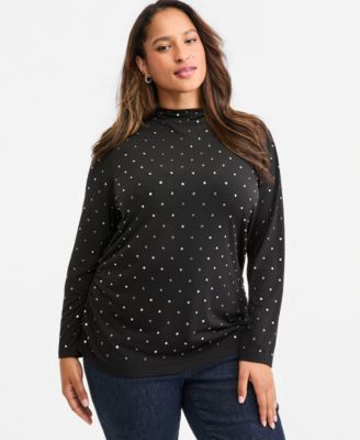 Plus Size Long-Sleeve Embellished High Neck Blouse