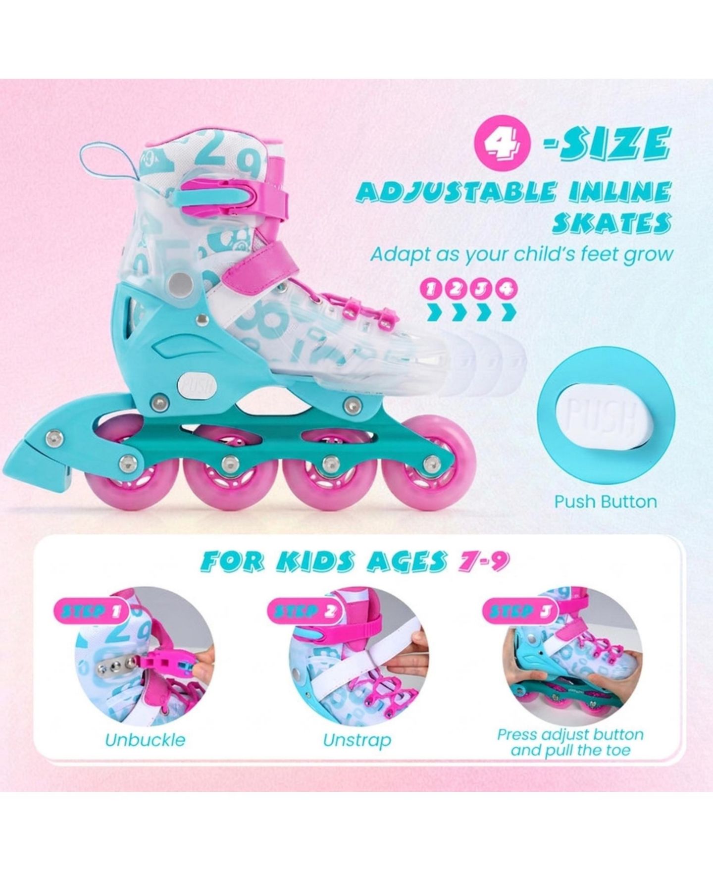 Детские игрушки HONGGE 4-Size Adjustable Inline Skates with Light-Up Wheels, Ages 7-9, цвет: Синий / Розовый — фото 5