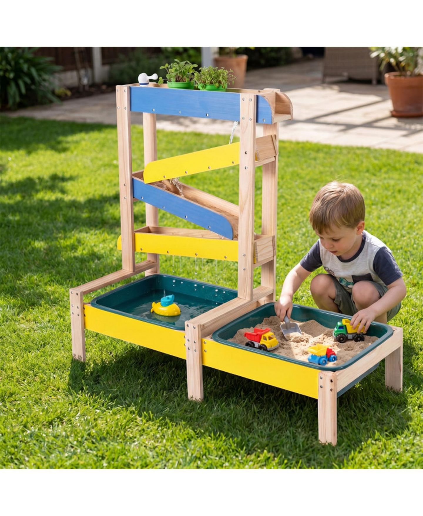 Детская игрушка HONGGE 3-in-1 Toddler Splinter-Free Fir Wood Dual-Basin Sand and Water Table, Ages 3+, цвет: Натуральный — фото 10