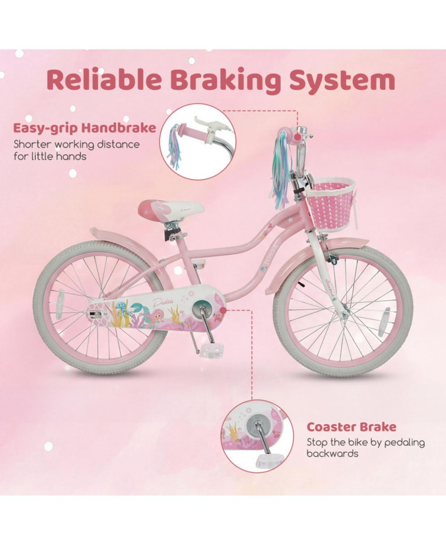 Детская игрушка HONGGE 20-Inch Mermaid Girls Bike with Dual Brakes and Front Basket, Ages 8+, цвет: Розовый — фото 9