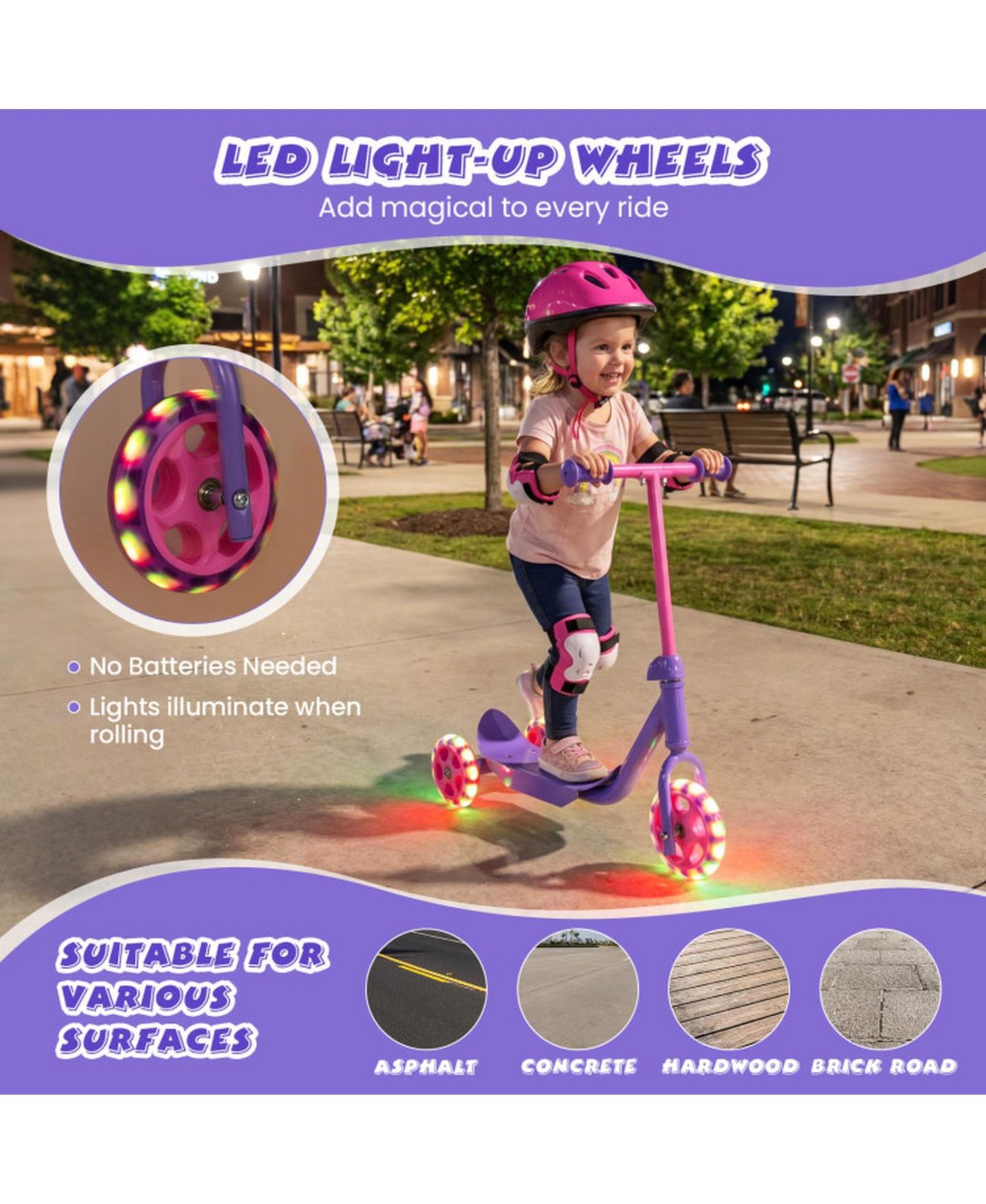 Детская игрушка HONGGE 3-Wheel Kids Scooter with LED Light-Up Wheels, Ages 2+, цвет: Фиолетовый — фото 7