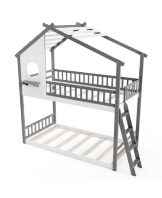 Twin House Bunk Bed with Roof Ladder and Full-Length Guardrails