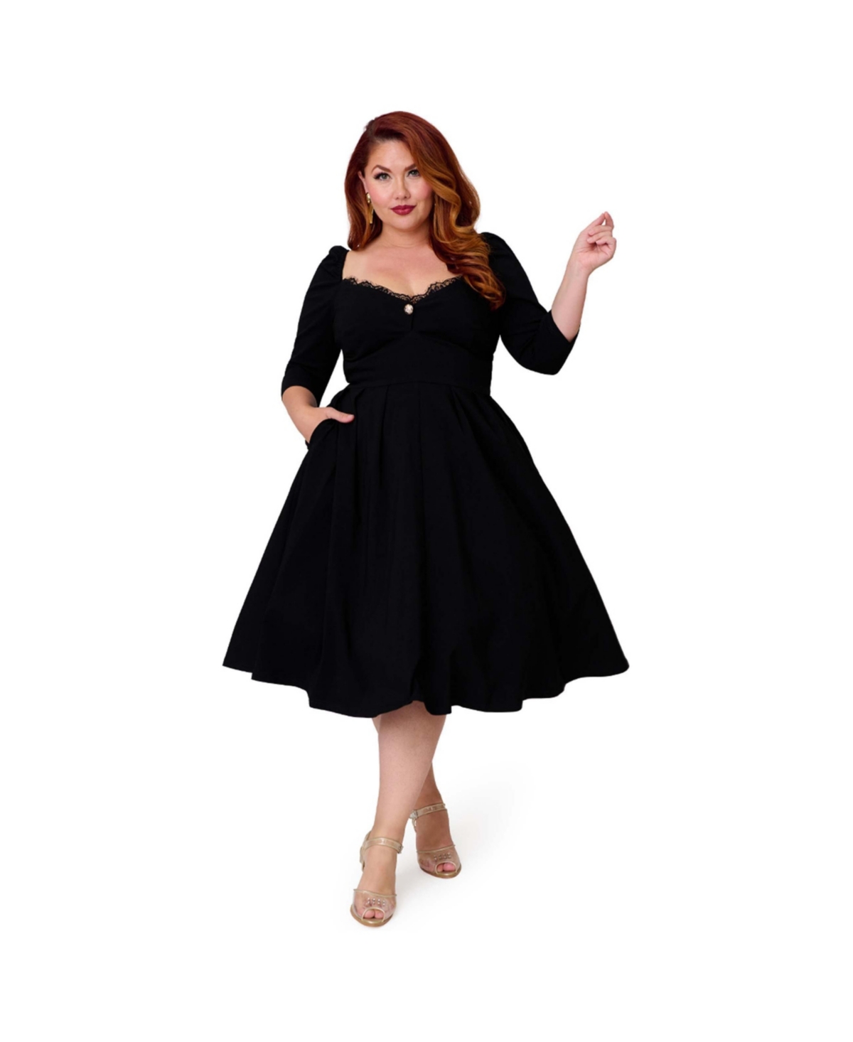 Unique Vintage Plus Size 1950s Sweetheart Neckline Lamar Swing Dress - Black solid