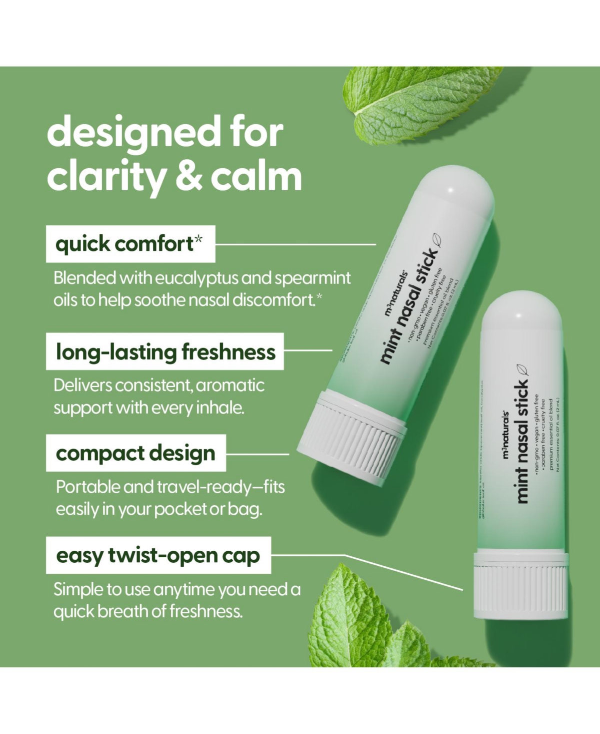 M3 Naturals Mint and Eucalyptus Nasal Inhaler Stick 4-Pack, Essential Oil Aromatherapy Vapor Stick, Portable Non-Medicated