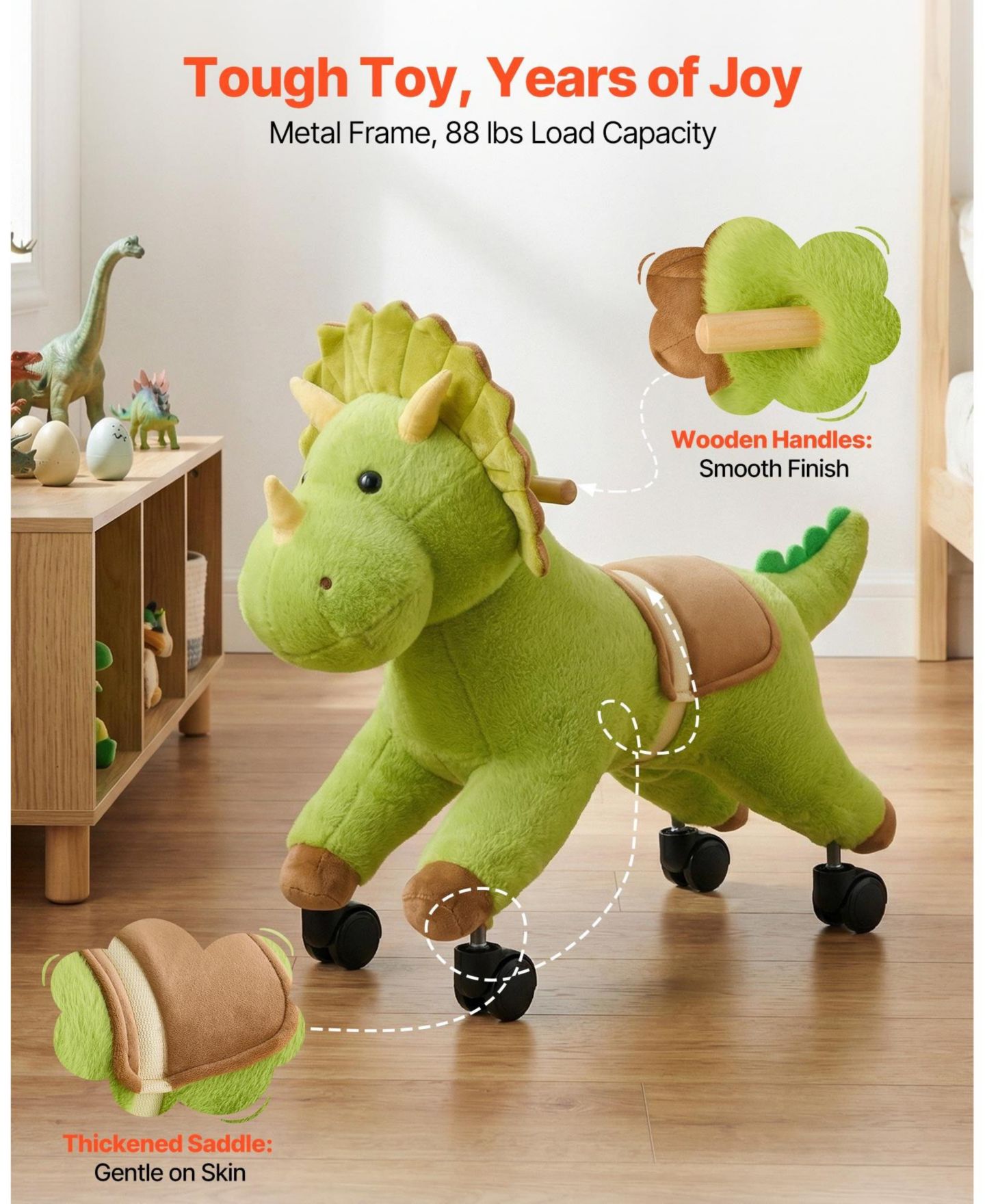 Детская игрушка HONGGE Kids Ride-On Dinosaur Toy with 360 Degree Caster Wheels, 88 lb Capacity, Ages 3+, цвет: Зелёный — фото 6