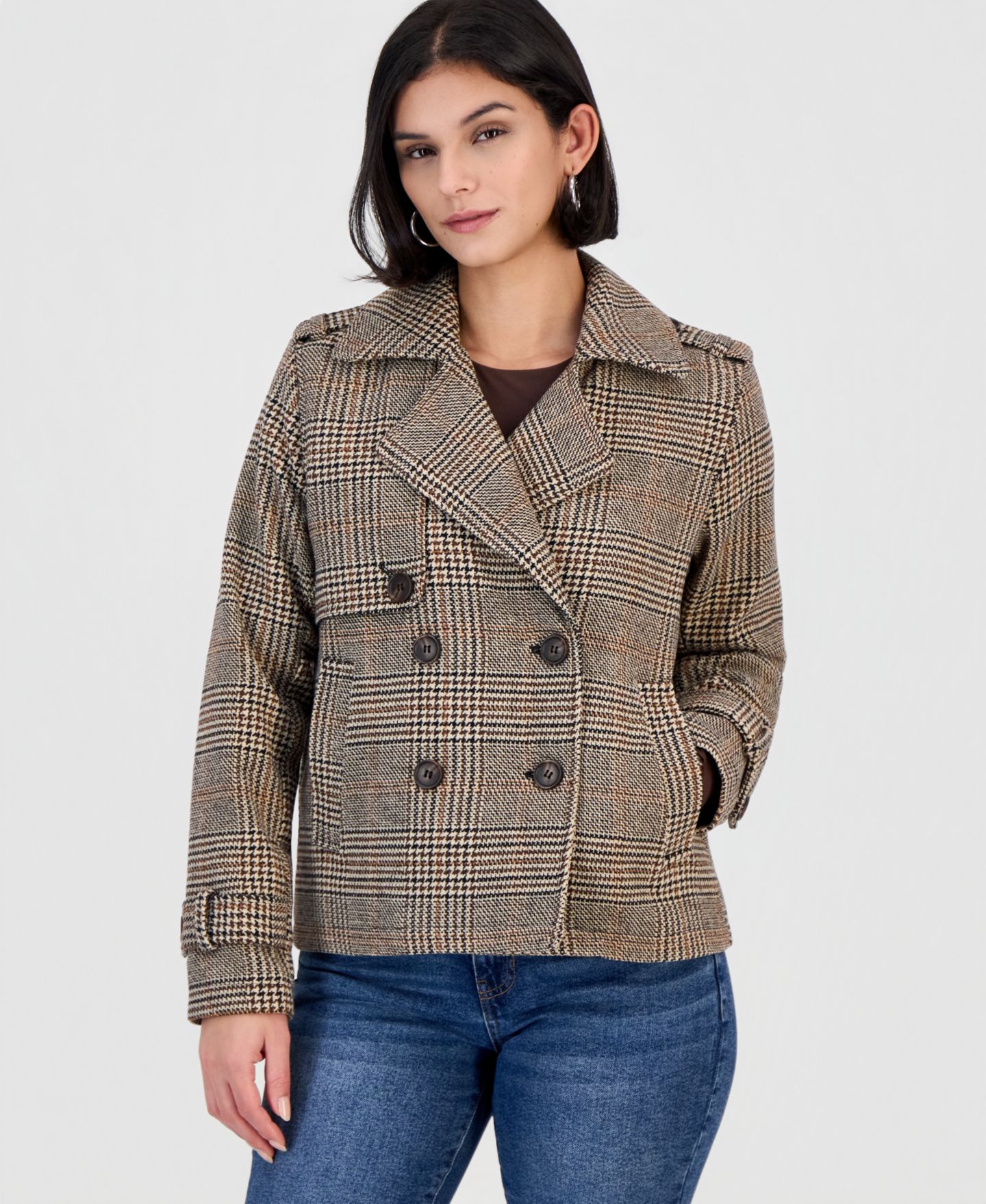 Женское пальто BCX Juniors' Double-Breasted Plaid Notch-Collar Pea, цвет: Коричневый / Чёрный — фото 5