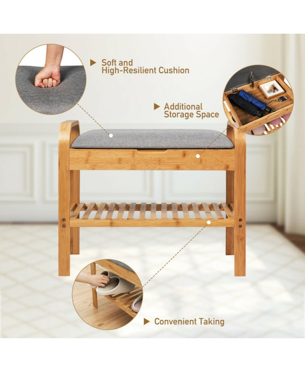 Sugift Bamboo Shoe Rack Bench with Cushioned Seat and Lower Storage Shelf