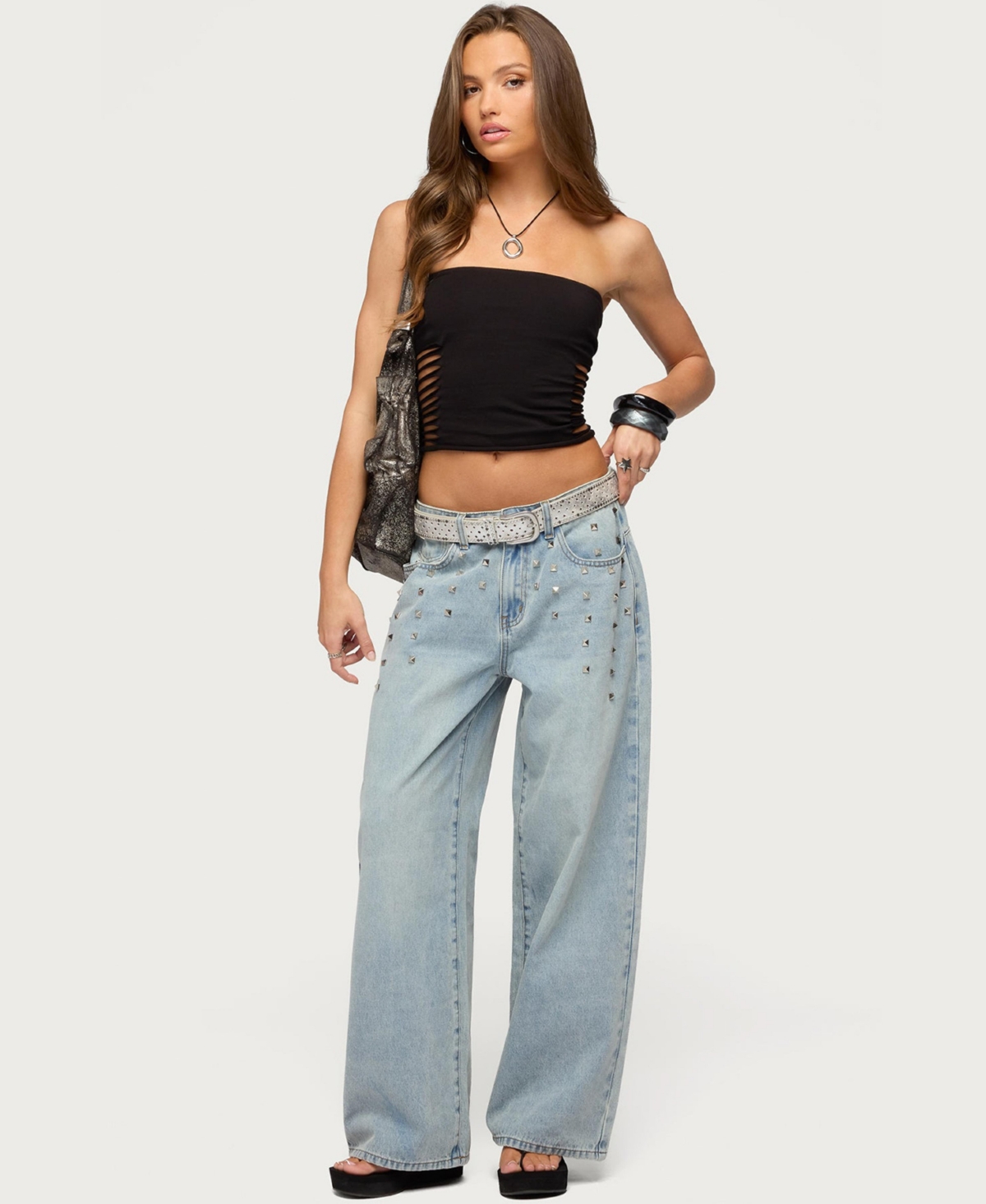 Edikted Women's Oaklee Studded Low Rise Baggy Jeans