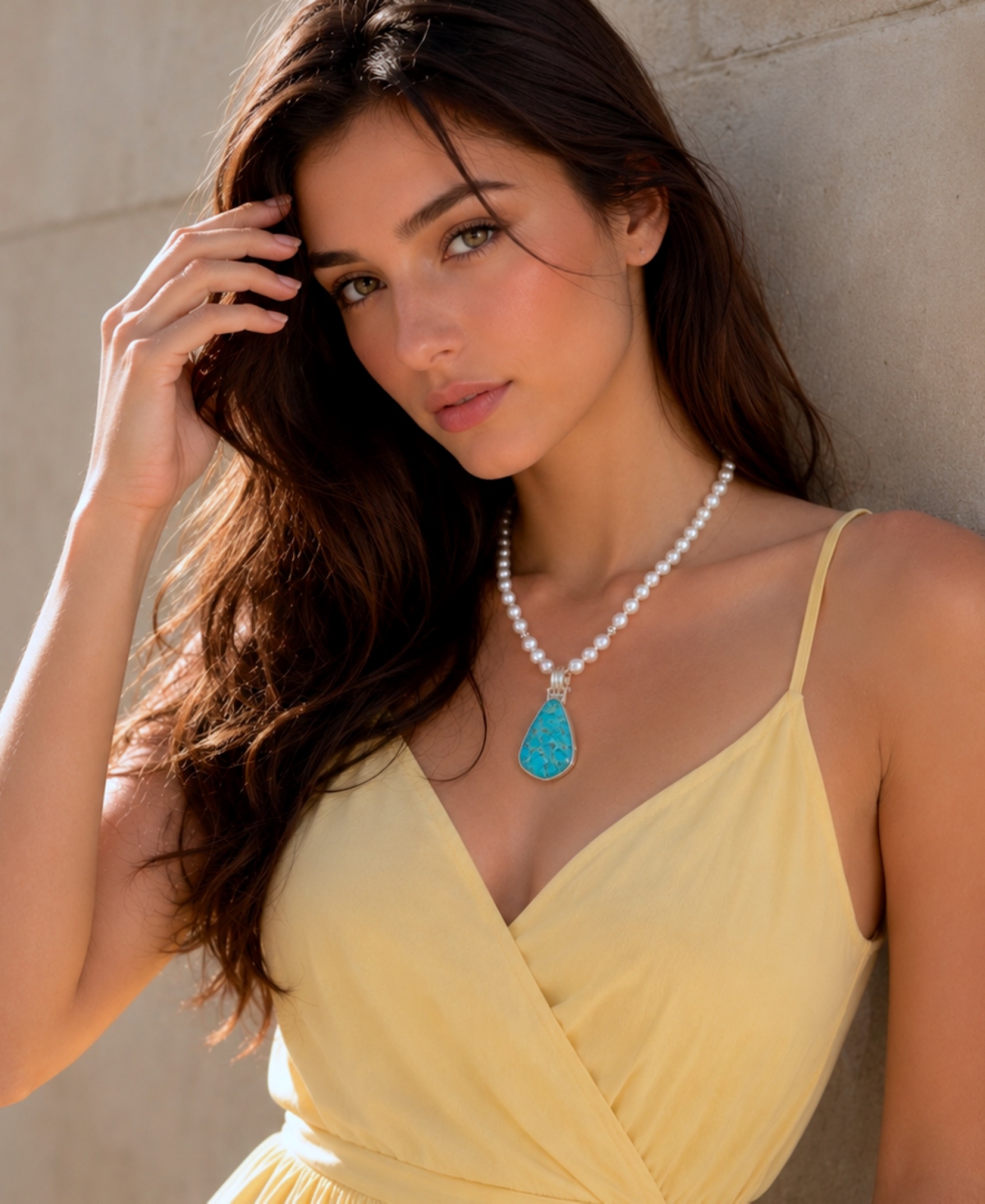 Barse Blue Turquoise Pendant and White Pearl Silver Necklace