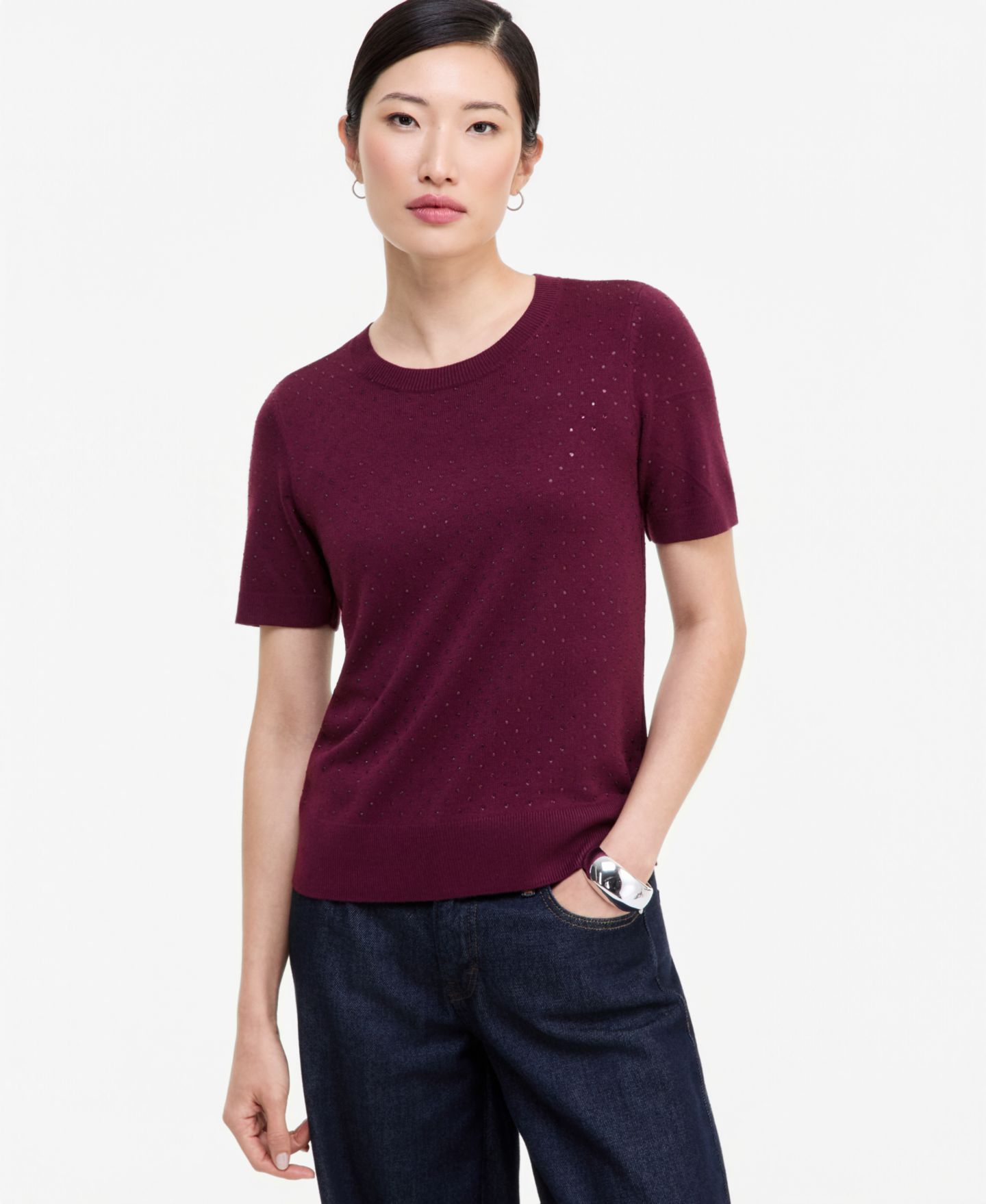 Женский свитер I.N.C. International Concepts Crystal Embellished Short-Sleeve Crewneck, цвет: Ягодный винный — фото 1