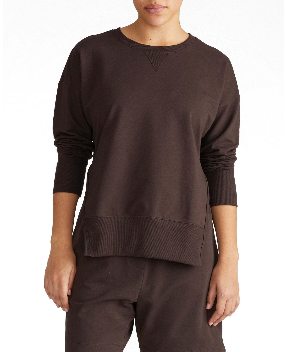 Universal Standard Plus Size Fiona French-Terry Crewneck Side-Slit Sweatshirt - Deep brown