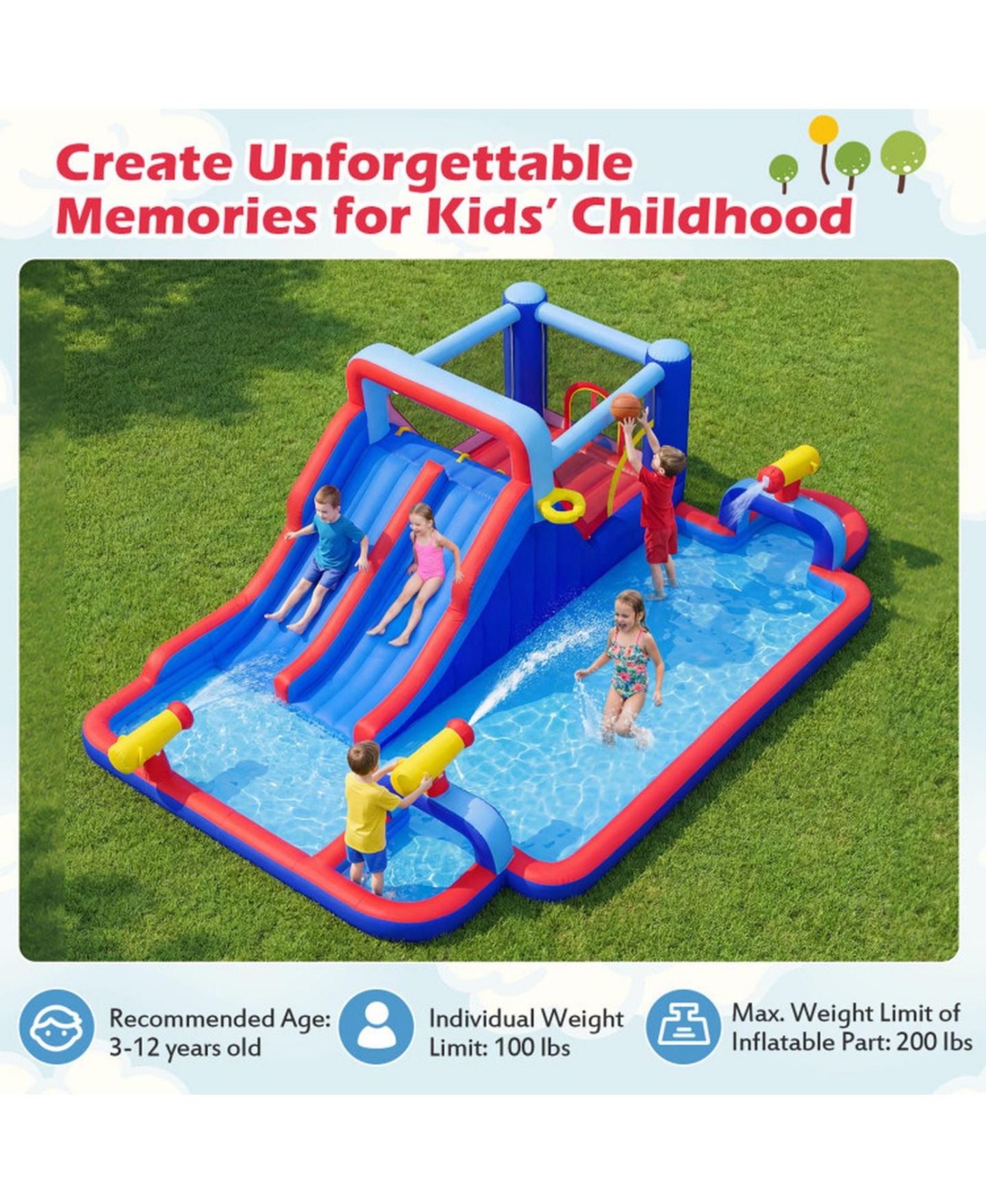 Детские игрушки HONGGE Giant Inflatable Water Slide Bounce House with Double Slides, Splash Pool, and 750W Blower, Ages 3-12, цвет: Синий — фото 9