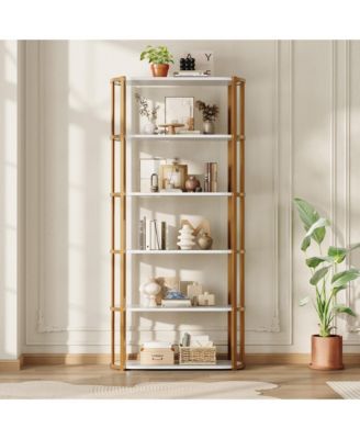Modern 71'' Tall 6-Tier Industrial Bookshelf, Sturdy Freestanding Metal Bookcase with Wooden Shelves, Open Storage Rack for Living Room,Bedroom