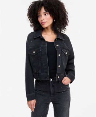Women's Embellished Stud Cropped Trucker Denim Jacket
