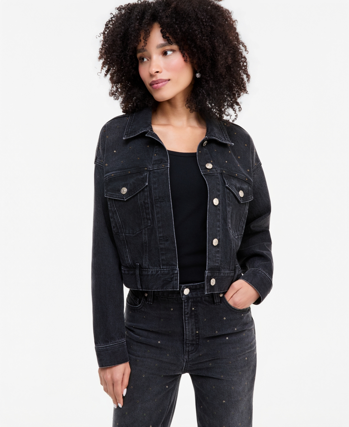 I.n.c. International Concepts Women's Embellished Stud Cropped Trucker Denim Jacket, Macy's Exclusive - Charcoal Wash