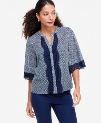 Women's Print Lace-Trim Button-Front Blouse