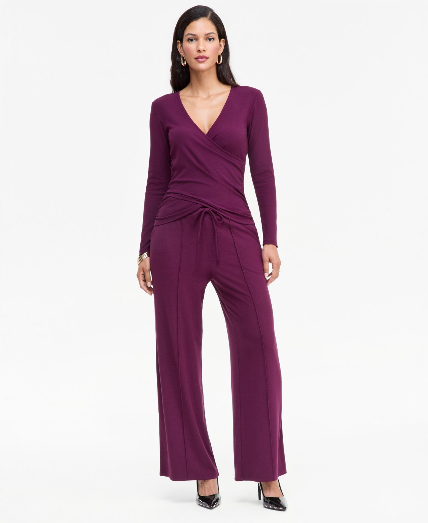 Женские брюки I.N.C. International Concepts Rib-Knit Wide-Leg Pull-On, цвет: Ягодный винный — фото 1