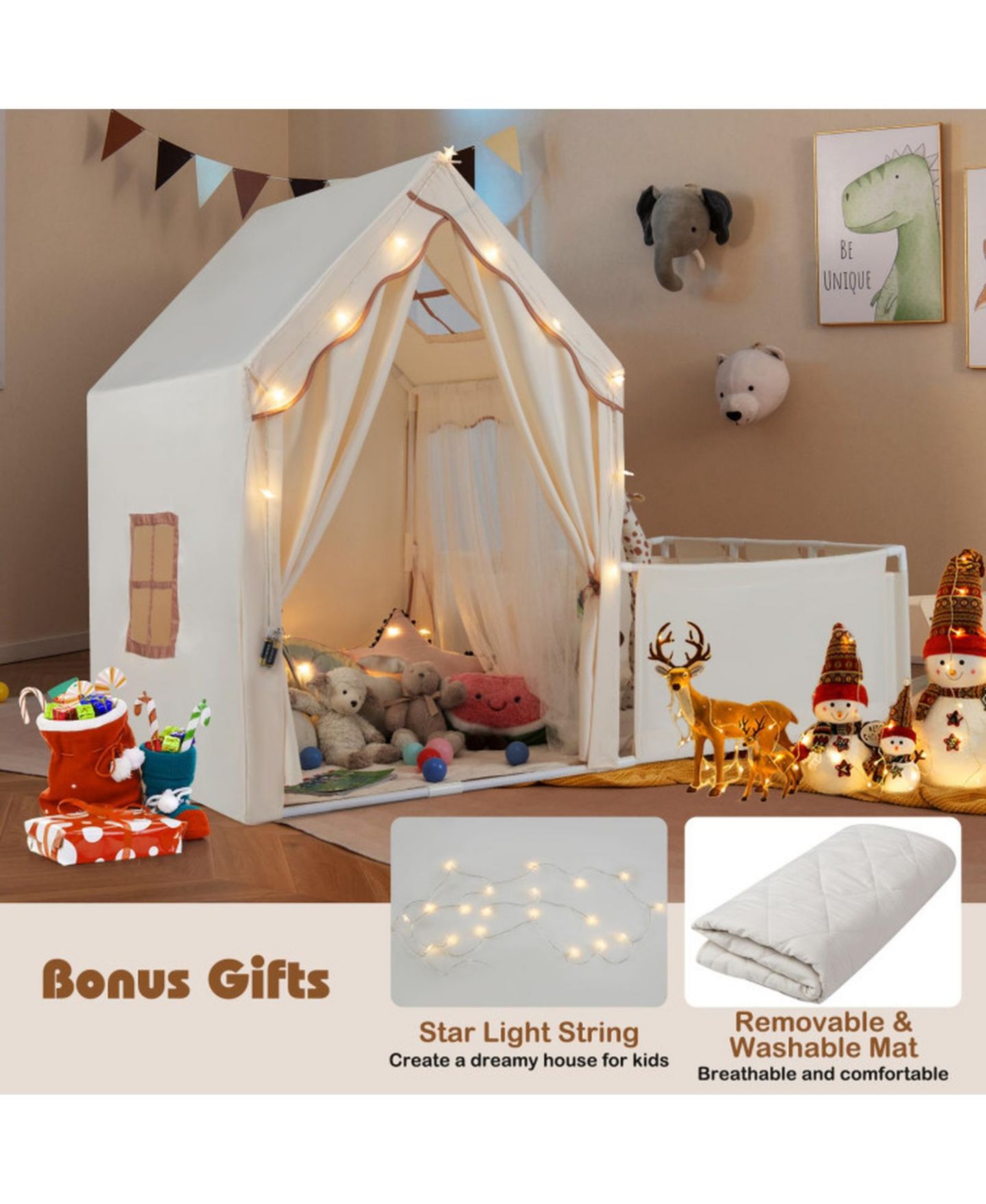 Детские игрушки HONGGE 2-in-1 3-Piece Play Tent and Playpen with Star String Lights, Ages 3+, цвет: Натуральный — фото 6