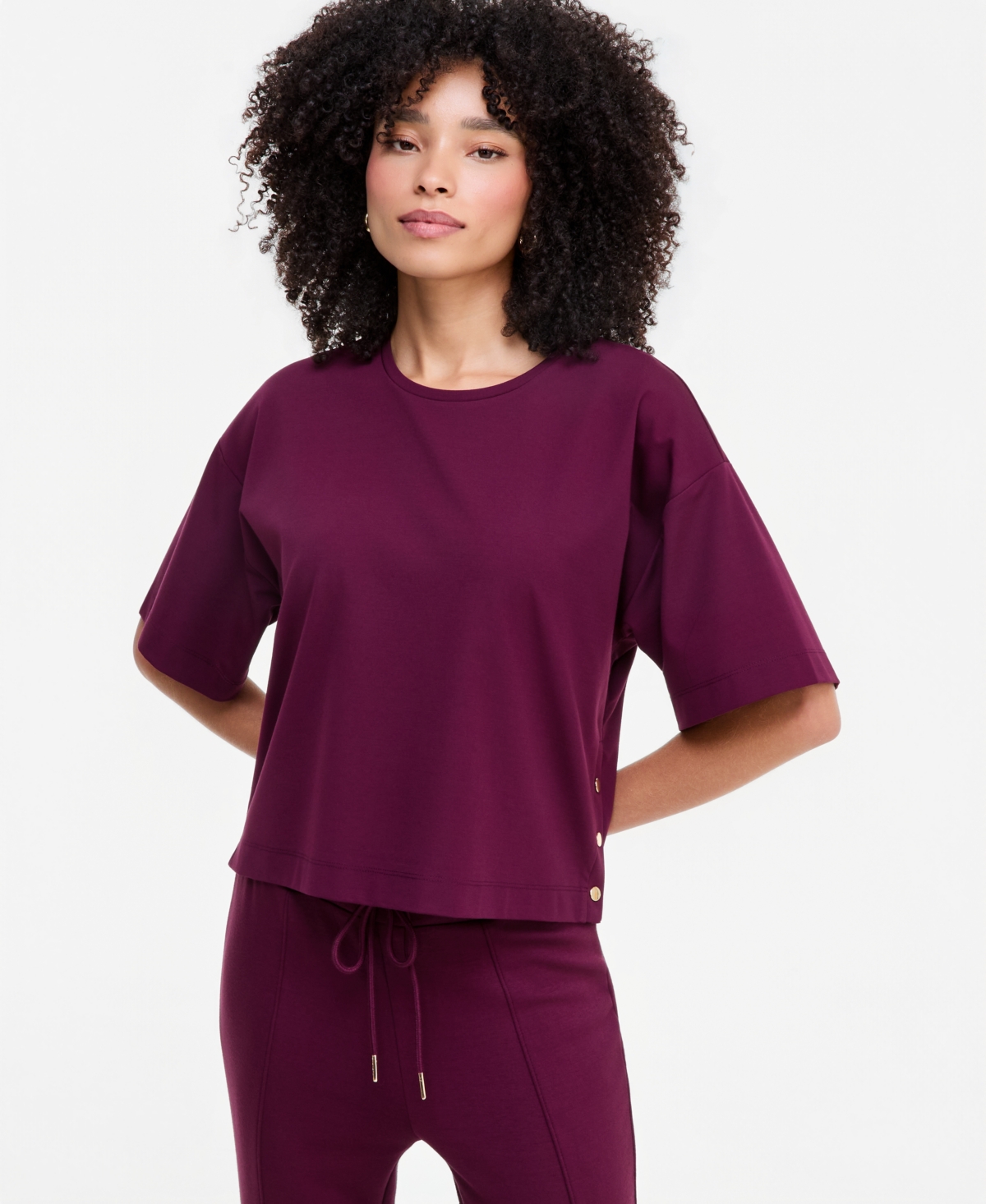 I.n.c. International Concepts Women's Short-Sleeve Side-Snap Lounge Top, Macy's Exclusive - Berry Wine
