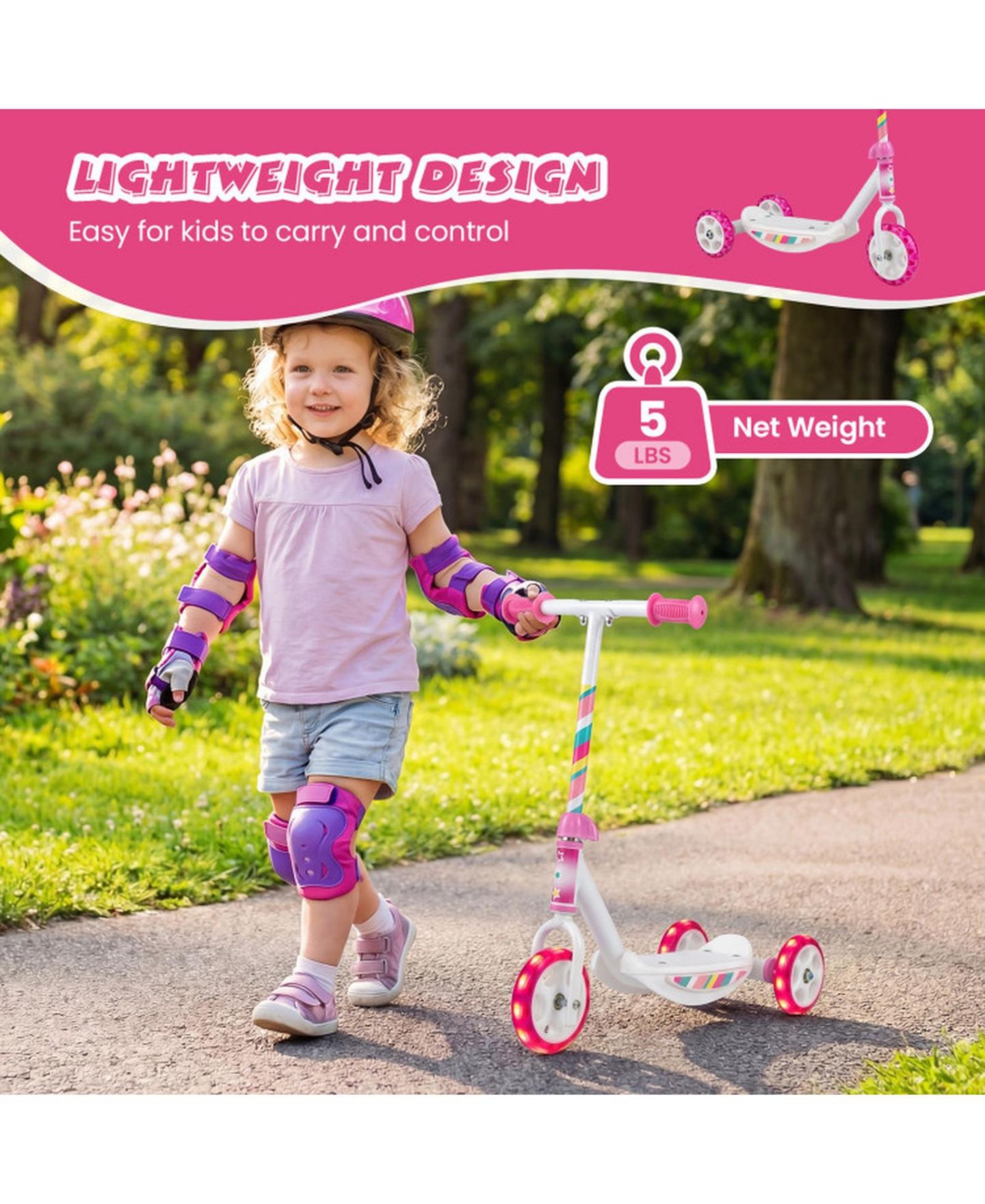 Детская игрушка HONGGE Toddler 3-Wheel Kick Scooter with LED Light-Up Wheels, 44 lbs Capacity, Ages 2+, цвет: Розовый / Белый — фото 6