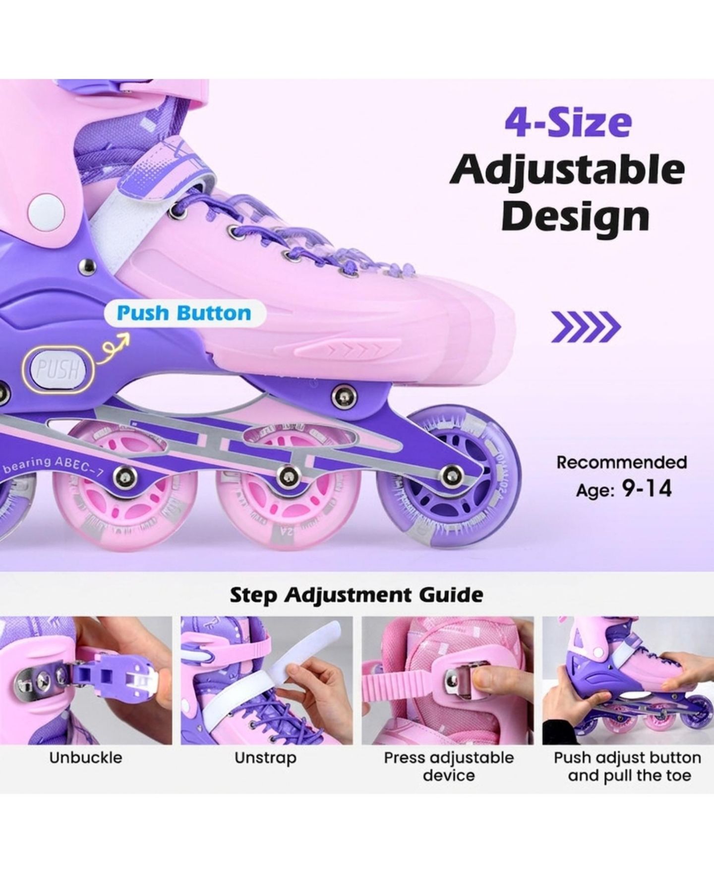 Детские игрушки HONGGE Light-Up Aluminum Adjustable Inline Skates, Ages 9-14, цвет: Фиолетовый — фото 5